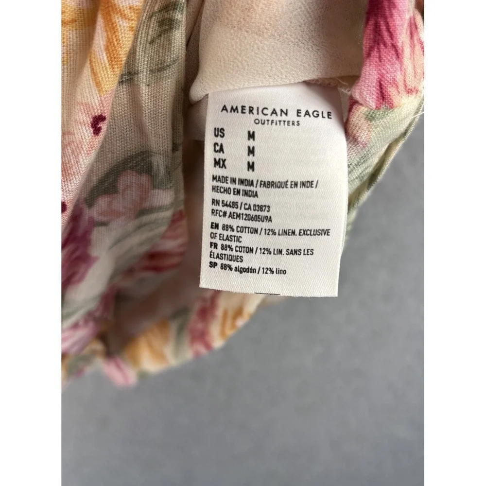 American Eagle Floral Ruched‎ Mini Dress Linen Cotton Puff Sleeve Cottagecore M